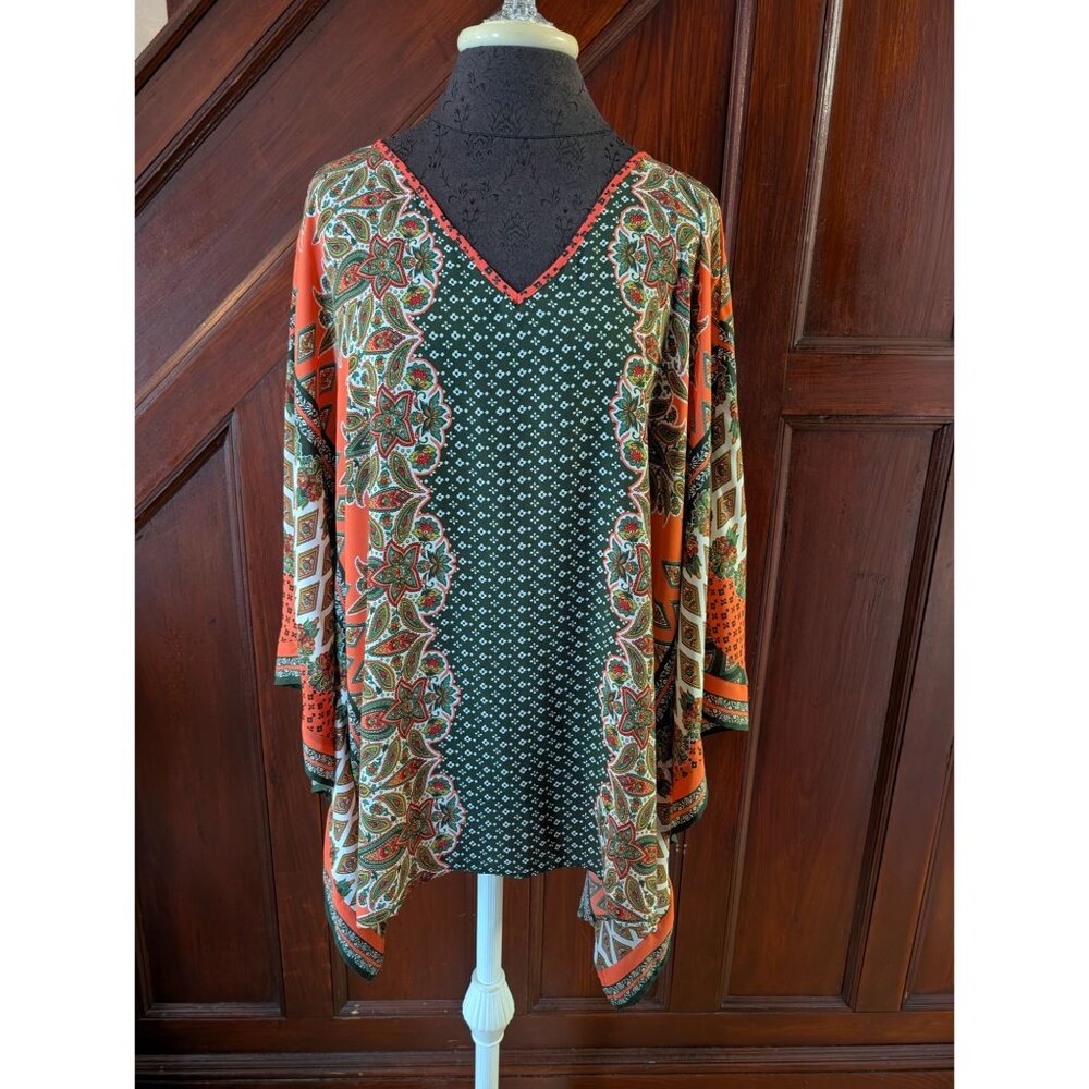 Belle Kim Gravel Boho V-Neck Kimono Top With Paisley & Geometric Print 1x